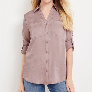 Maurices Winona Mauve Satin Roll Tab Long Sleeve Button Up Preppy Blouse XXL